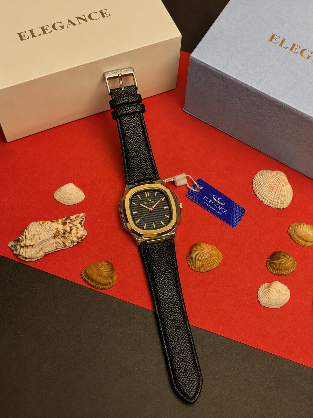 Elegance Nautilus Gold Bezel Black Textured Leather Edition