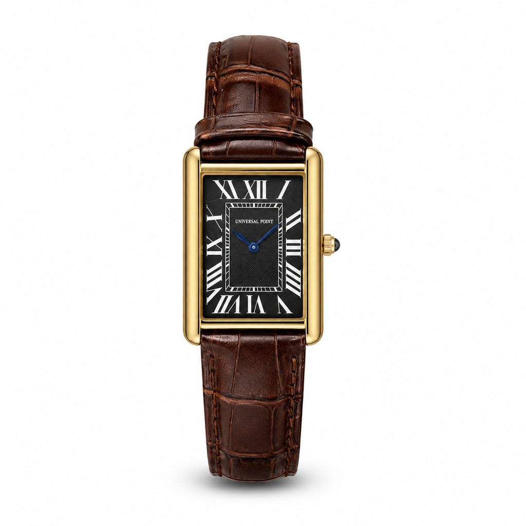 Cartier Tank Style Gold Edition (Black Roman Dial & Brown Alligator Leather) With Masterlock