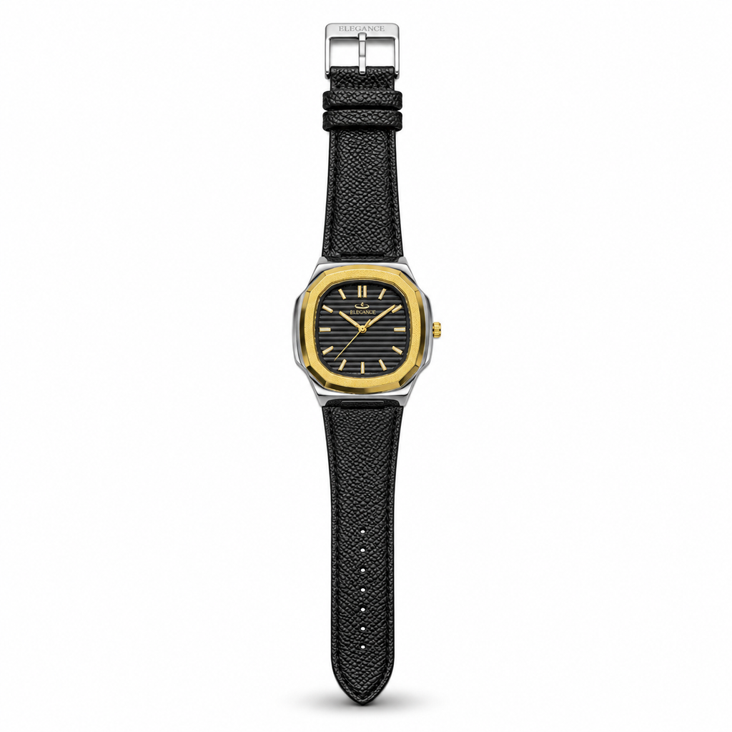 Elegance Nautilus Gold Bezel Black Textured Leather Edition
