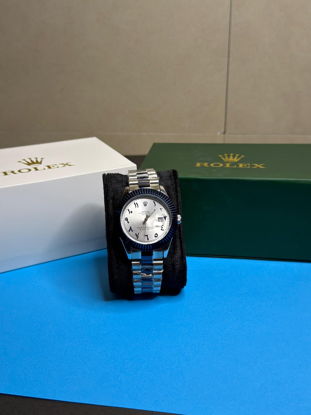 Rolex Day-Date "Arabic Dial" 40mm Stainless Steel (Blue Fluted Bezel)
