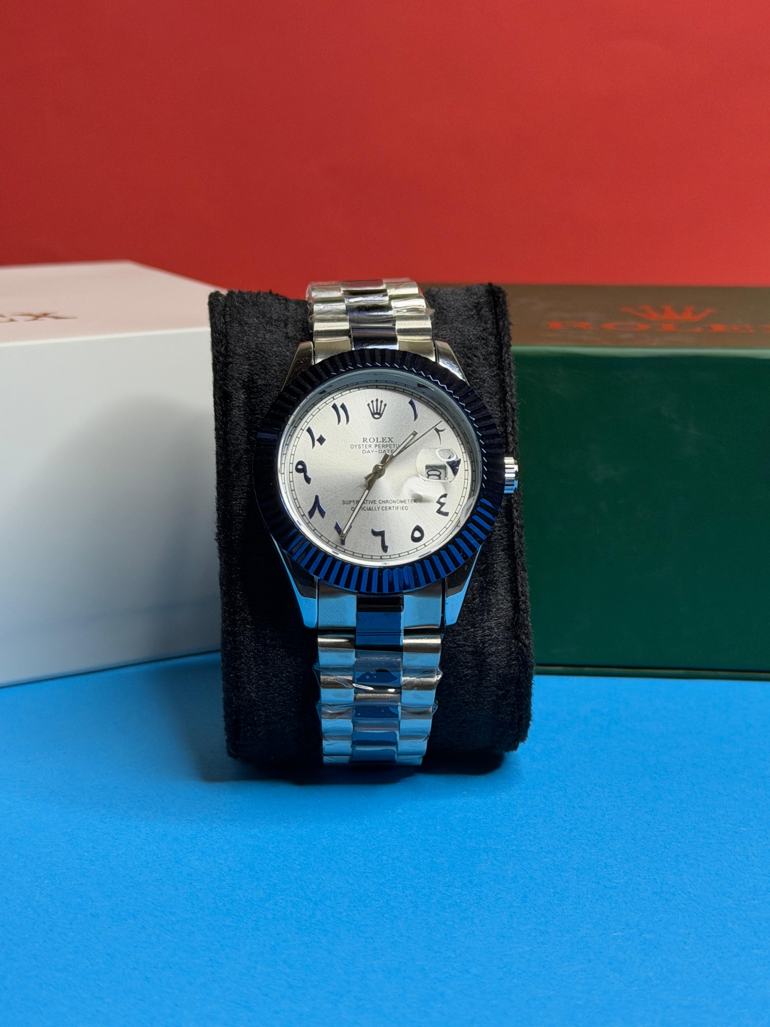 Rolex Day-Date "Arabic Dial" 40mm Stainless Steel (Blue Fluted Bezel)