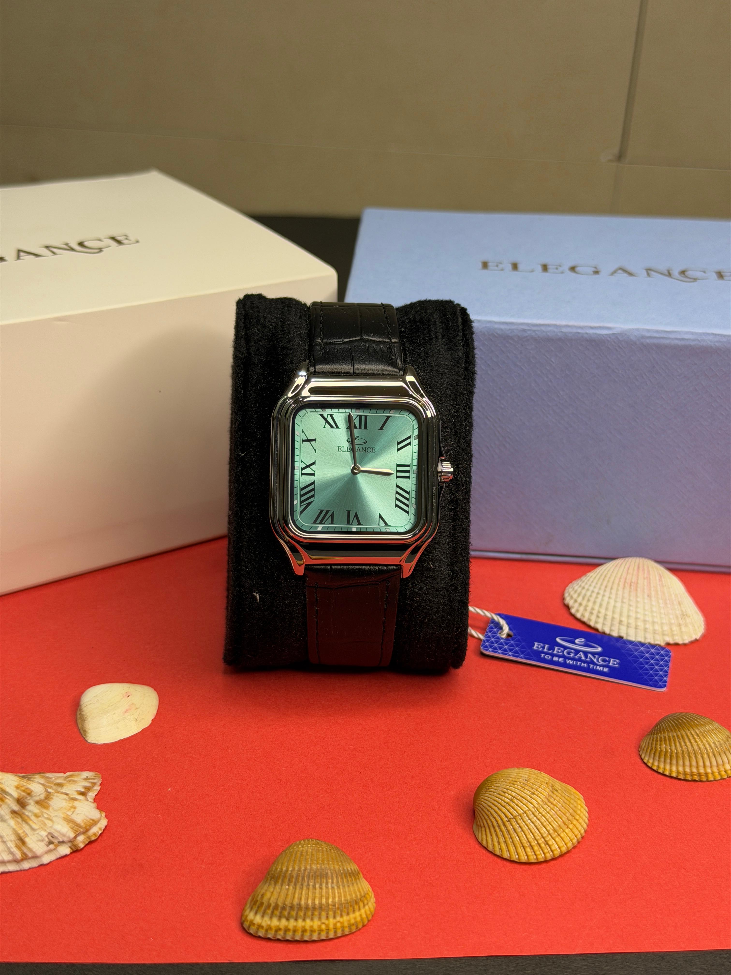Elegance Santos Aqua Mint Roman Dial (Black Leather Strap)