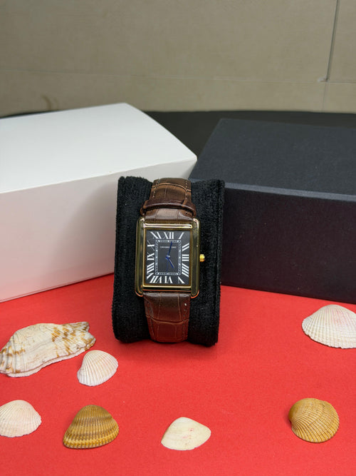 Cartier Tank Style Gold Edition (Black Roman Dial & Brown Alligator Leather) With Masterlock
