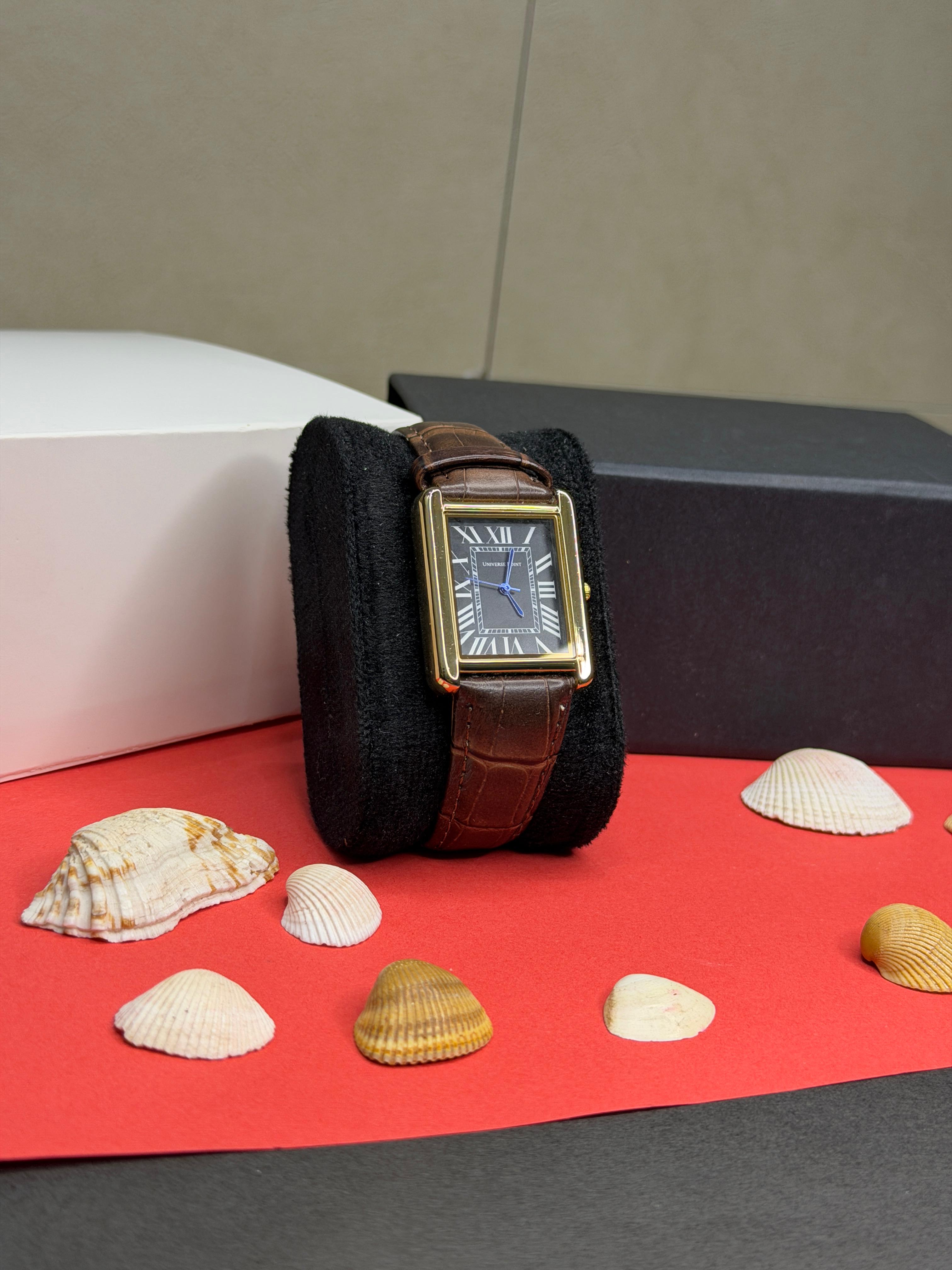 Cartier Tank Style Gold Edition (Black Roman Dial & Brown Alligator Leather) With Masterlock