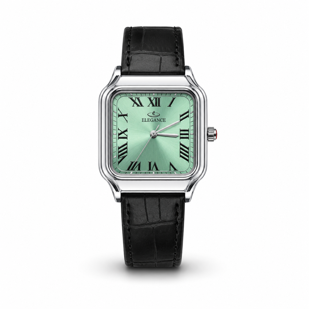 Elegance Santos Aqua Mint Roman Dial (Black Leather Strap)